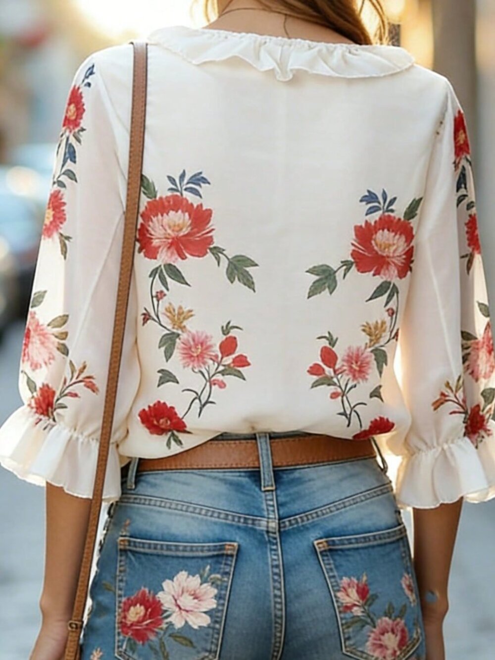 Multicolor Boho Women's Elegant Floral Print Ruffle Hem Blouse - Picture 2 of 7
